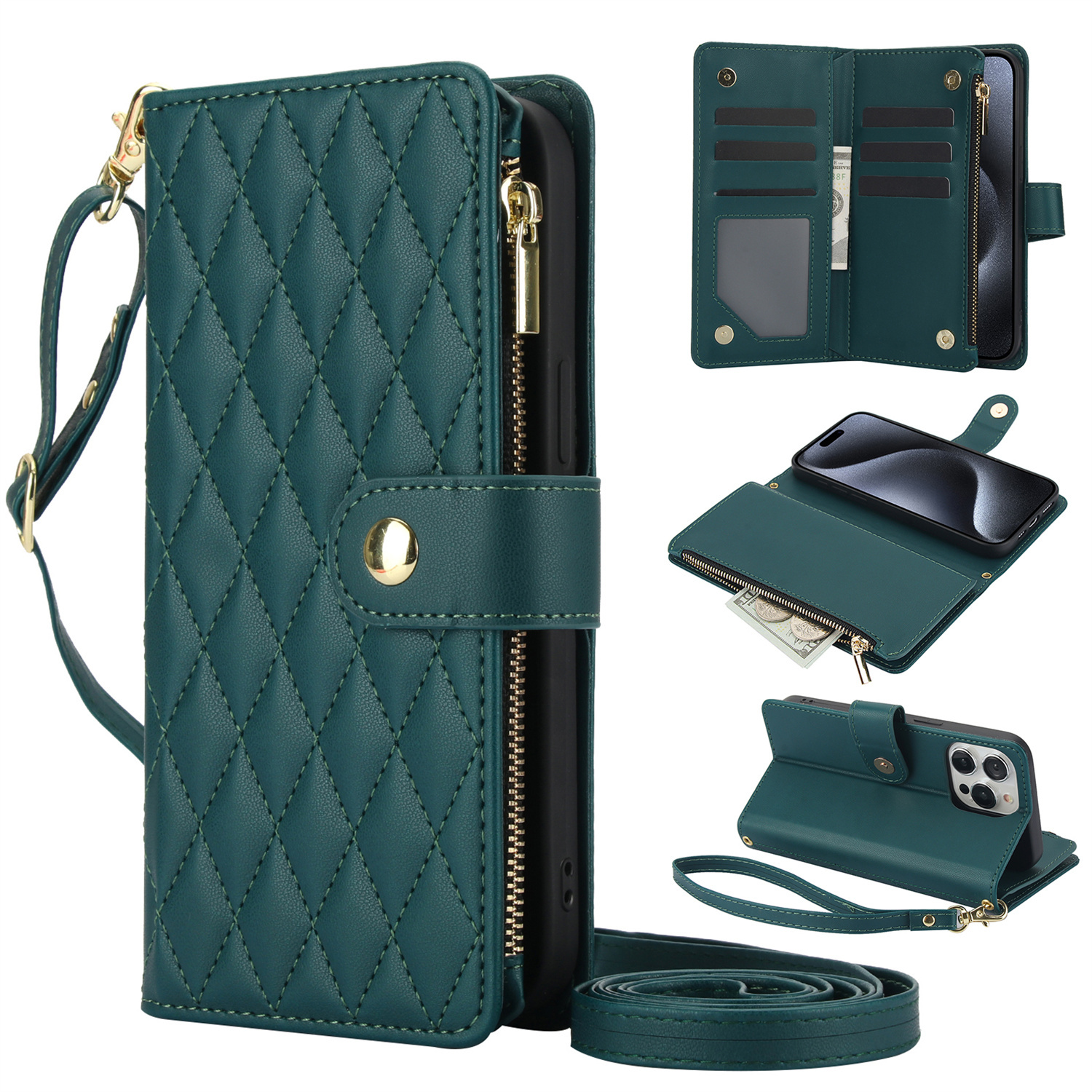 Wallet Case for iPhone 17/ 16e/ 16/ 15/ 14/ 13/ 12/ 11 Pro Max/ XR/ X/ XS/ XS Max/ 16 Plus/ 12 Mini/ 13 Mini/ SE 2020/ SE 2022/ Air 2025, Adjustable Crossbody Zipper Purse Case Card Holder with Kickstand Detachable Wrist Strap, Flip Folio Case - Image 9