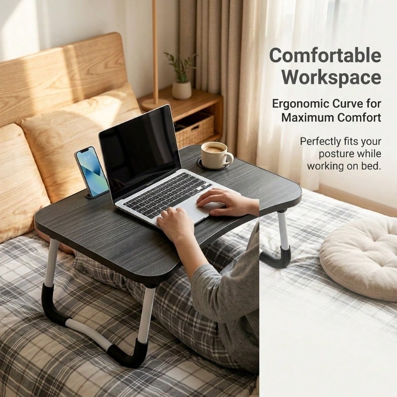 Foldable Bed Desk Suitable for Laptop, Large Portable Table with Cup Holder & Tablet Slot - Multifunctional Wood Table with Storage Tray, Space-Saving Bedside Desk for Dorm, Sofa, Bed, for Office, Tablet Holder and Tray, -Standing
