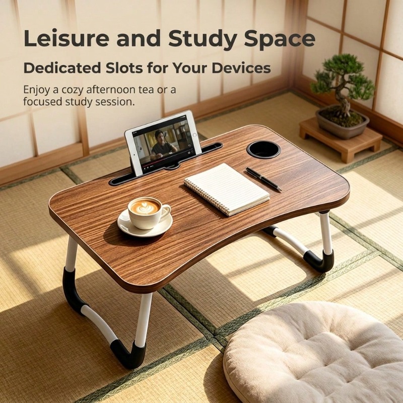 Foldable Bed Desk Suitable for Laptop, Large Portable Table with Cup Holder & Tablet Slot - Multifunctional Wood Table with Storage Tray, Space-Saving Bedside Desk for Dorm, Sofa, Bed, for Office, Tablet Holder and Tray, -Standing