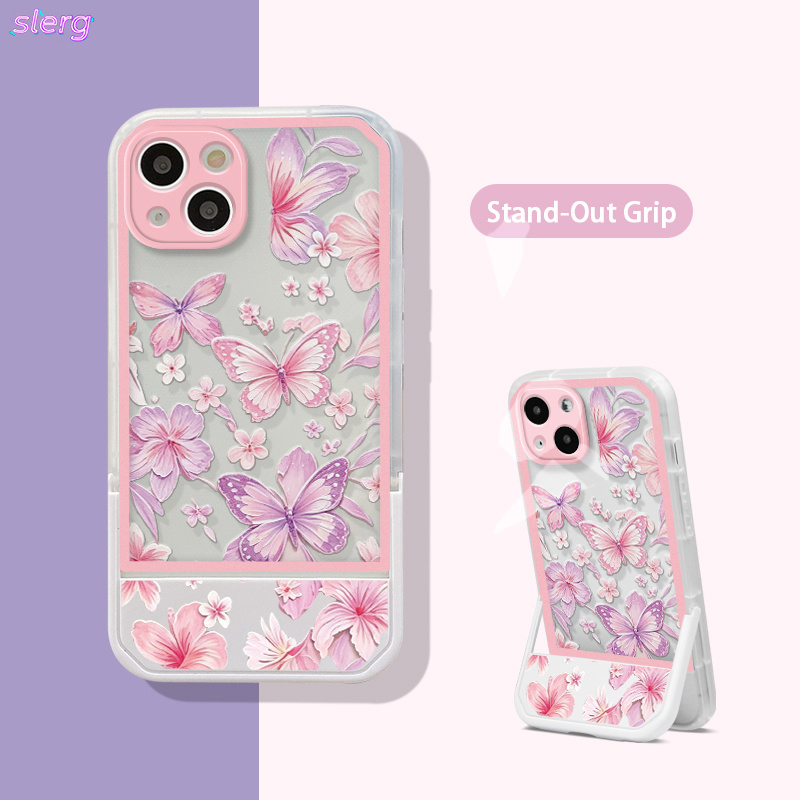 Phone Case: Transparent White and Pink Frame with Pink and Purple Butterfly Floral Pattern, Folding Invisible Stand Phone Case. Suitable for iPhone 11/12/13/14/15/16/17/Pro/ProMax/Plus Series. A Perfect Gift for Friends and Family