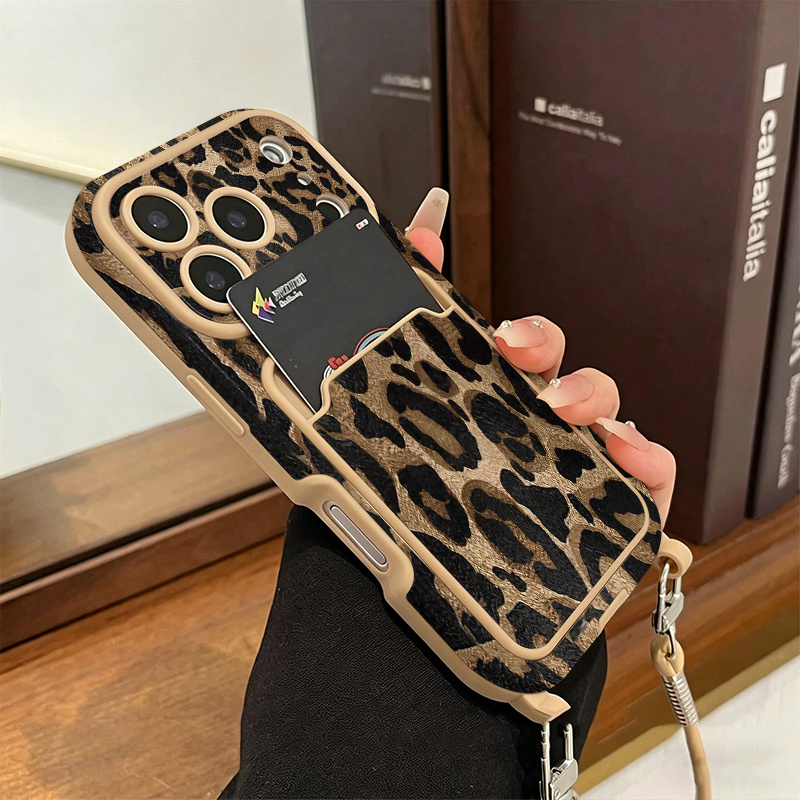 Phone Case: 1 Drop-Proof,, Shockproof, Anti-Fingerprint Card Holder Phone Case with Lanyard Strap, Vintage Leopard Print Card Holder Lanyard for Apple Series Drop-Proof Phone Cases, Matte Frosted TPU Protective Cover, Ultra-Thin and Minimalist