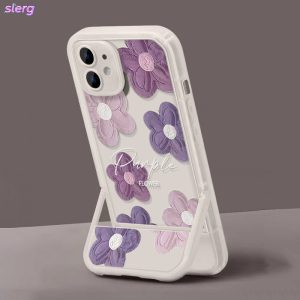 Phone Case: Milky White Frame with Purple Floral Phone Case, Featuring a Built-in Invisible Kickstand for Drop Protection. Gentle Instagram-style Design. Suitable for iPhone 17/16/15/14/13/12/11 Pro Max. Unisex Kickstand Protective Case, a Perfect