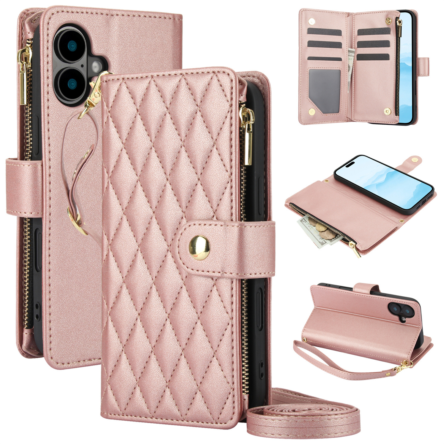 Wallet Case for iPhone 17/ 16e/ 16/ 15/ 14/ 13/ 12/ 11 Pro Max/ XR/ X/ XS/ XS Max/ 16 Plus/ 12 Mini/ 13 Mini/ SE 2020/ SE 2022/ Air 2025, Adjustable Crossbody Zipper Purse Case Card Holder with Kickstand Detachable Wrist Strap, Flip Folio Case - Image 20