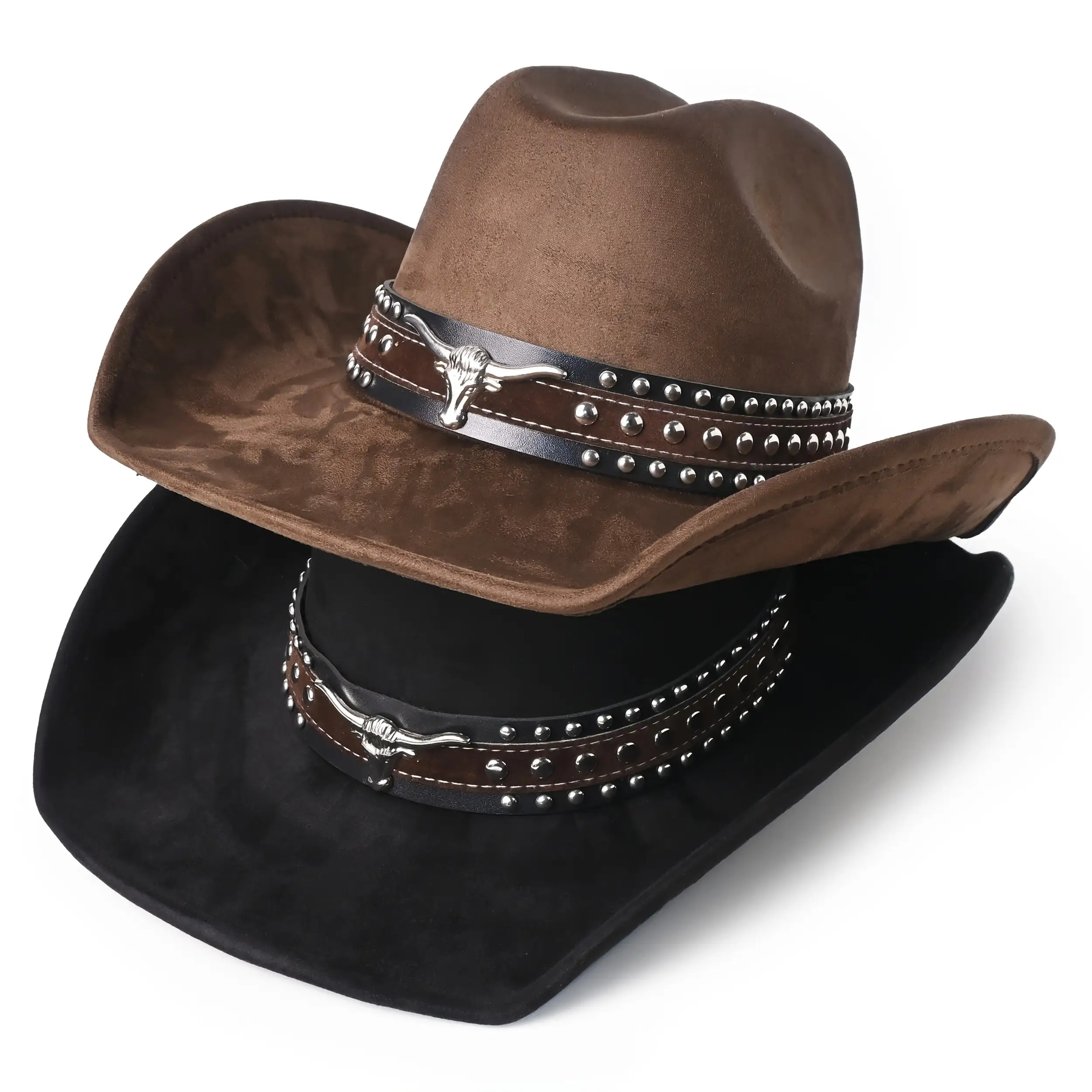 1 Metal Bullhead Studded Two-Tone Leather Belt, Rancher Crease Shaped Cowboy Hat, Faux Suede Material, All-Season Style, Stylish And Fashionable