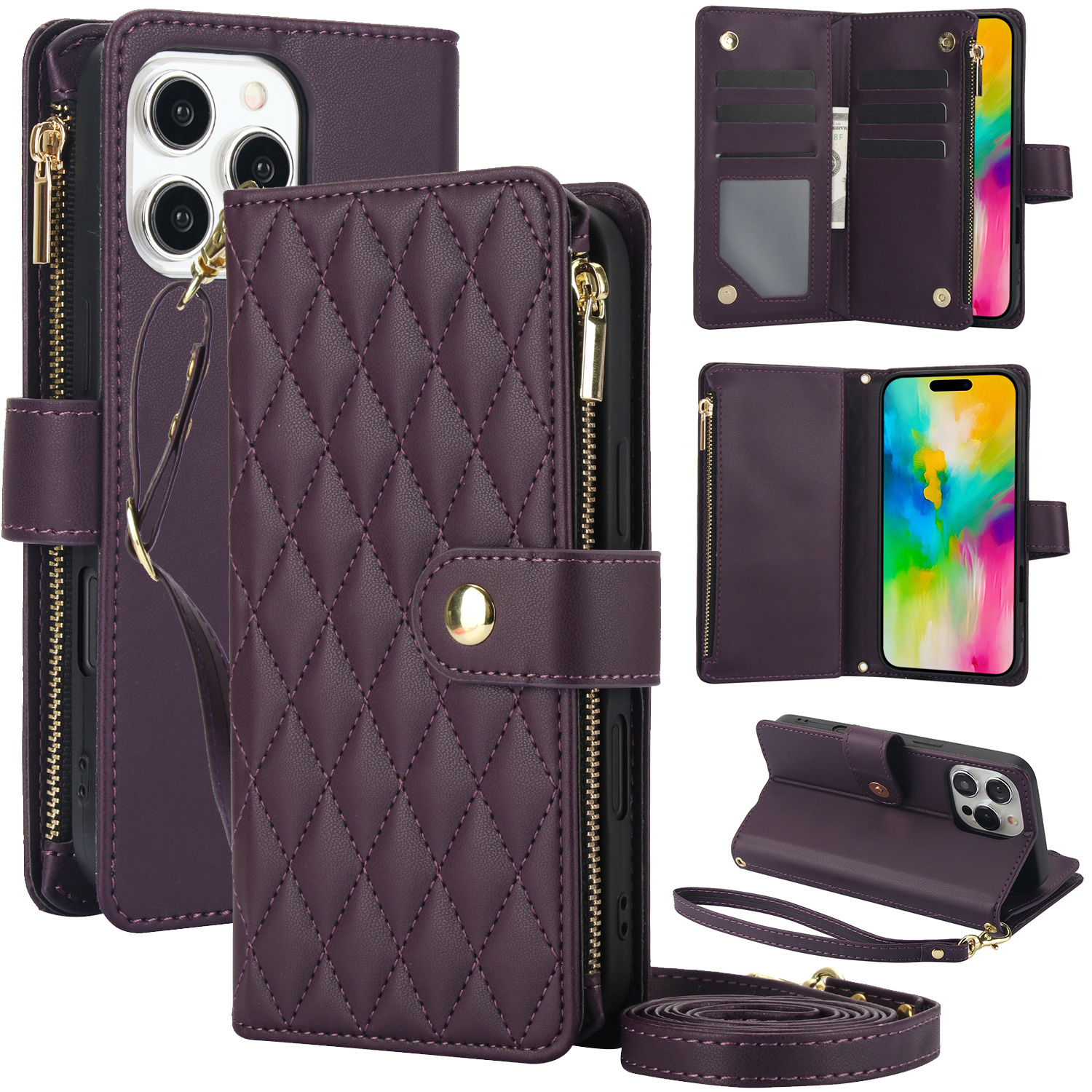 Wallet Case for iPhone 17/ 16e/ 16/ 15/ 14/ 13/ 12/ 11 Pro Max/ XR/ X/ XS/ XS Max/ 16 Plus/ 12 Mini/ 13 Mini/ SE 2020/ SE 2022/ Air 2025, Adjustable Crossbody Zipper Purse Case Card Holder with Kickstand Detachable Wrist Strap, Flip Folio Case