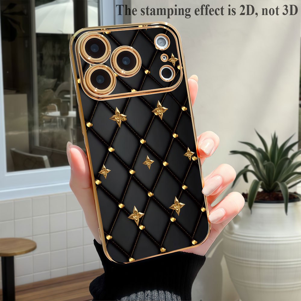 Phone Case - 2D Printed Phone Case: Luxury Black Quilted Phone Case with Golden Studs And Diamond 2D Patterns, Suitable for Iphone 17/16/15/14/13/12/11 Pro Max/Plus/Air, Made of PC Material, an Excellent Choice for Gifts - Image 4