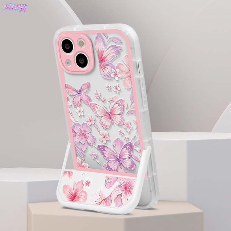 Phone Case: Transparent White and Pink Frame with Pink and Purple Butterfly Floral Pattern, Folding Invisible Stand Phone Case. Suitable for iPhone 11/12/13/14/15/16/17/Pro/ProMax/Plus Series. A Perfect Gift for Friends and Family
