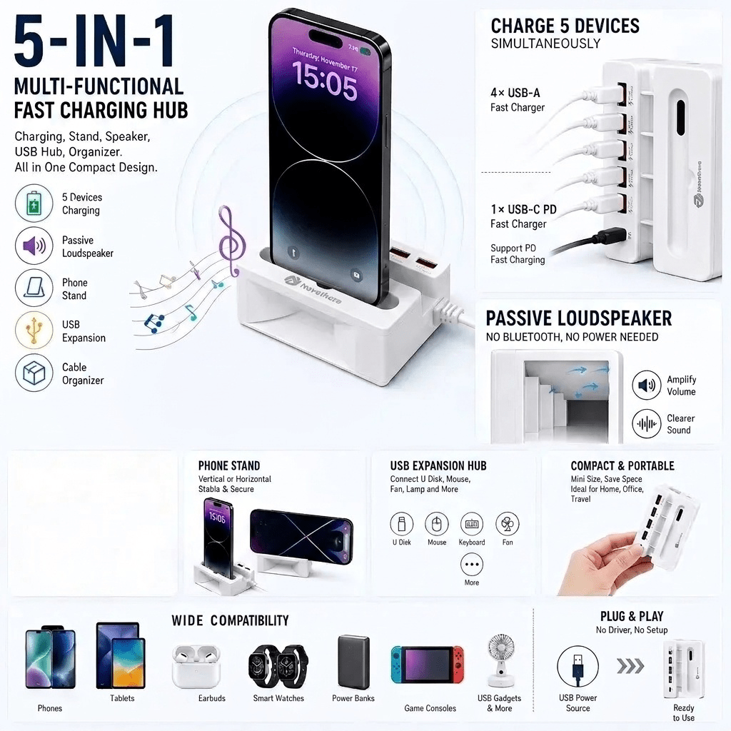 NOVETHERA 5-In-1 USB Charging Hub with Phone Stand Passive Resonance Speaker, 4 X USB-A And 1 X USB-C PD Fast Charging Ports Multi-Port USB Expander Cable Organizer Desktop Charging Station for Office Travel - Image 7