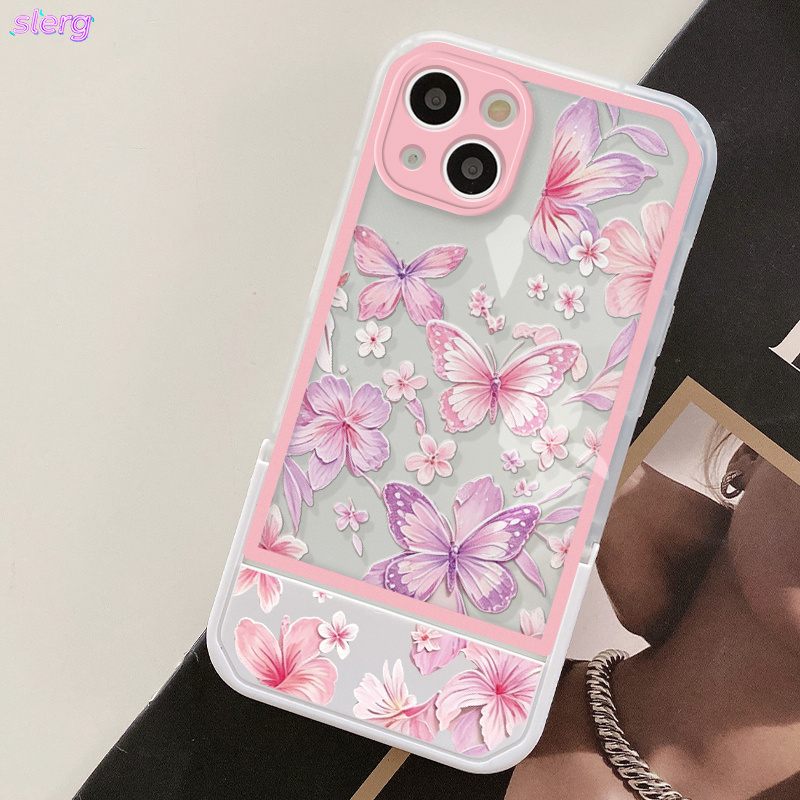 Phone Case: Transparent White and Pink Frame with Pink and Purple Butterfly Floral Pattern, Folding Invisible Stand Phone Case. Suitable for iPhone 11/12/13/14/15/16/17/Pro/ProMax/Plus Series. A Perfect Gift for Friends and Family