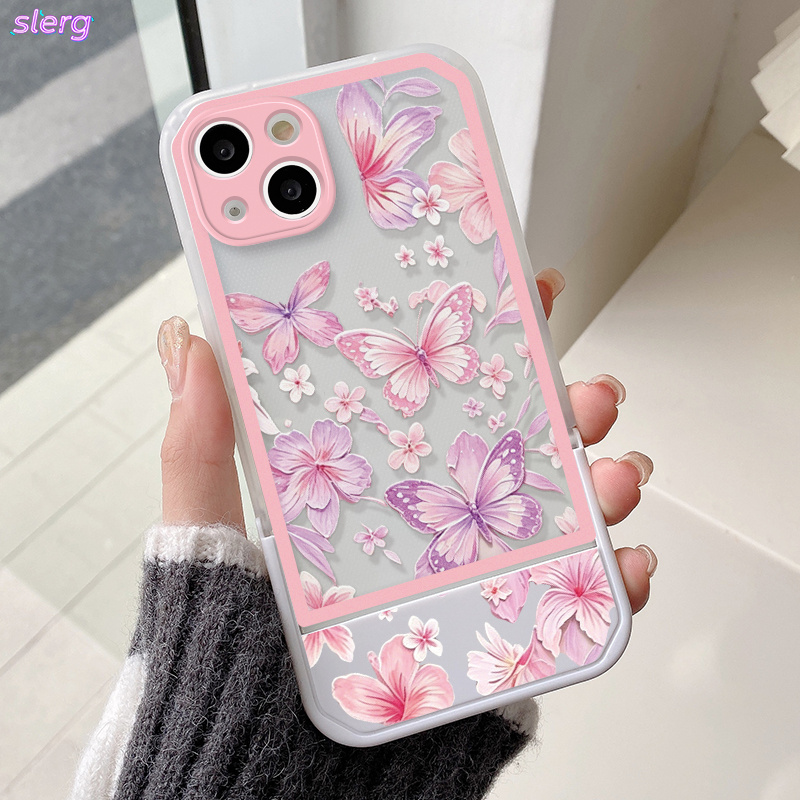 Phone Case: Transparent White and Pink Frame with Pink and Purple Butterfly Floral Pattern, Folding Invisible Stand Phone Case. Suitable for iPhone 11/12/13/14/15/16/17/Pro/ProMax/Plus Series. A Perfect Gift for Friends and Family