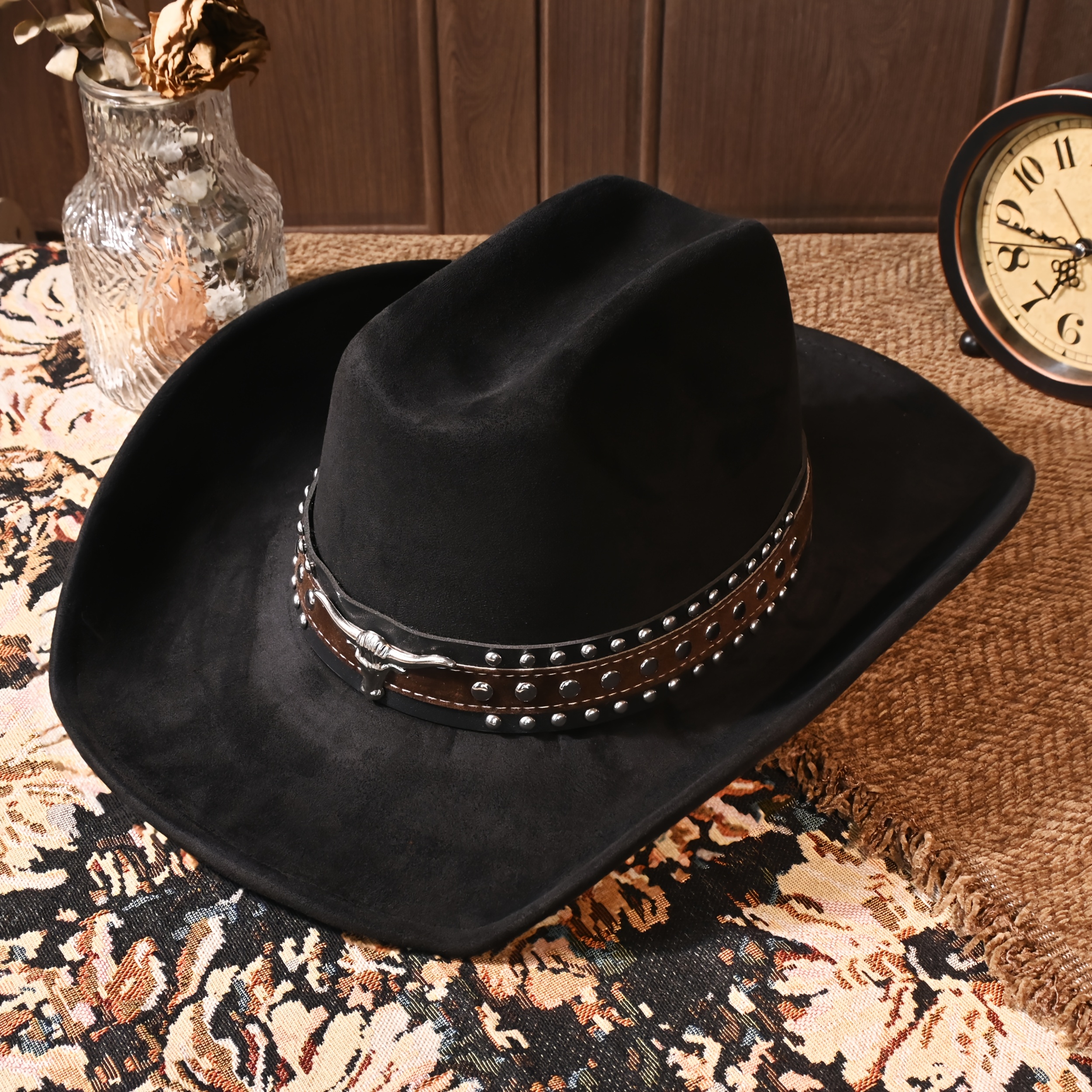 1 Metal Bullhead Studded Two-Tone Leather Belt, Rancher Crease Shaped Cowboy Hat, Faux Suede Material, All-Season Style, Stylish And Fashionable