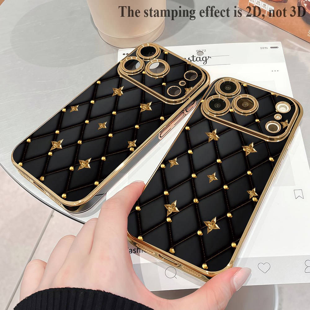 Phone Case - 2D Printed Phone Case: Luxury Black Quilted Phone Case with Golden Studs And Diamond 2D Patterns, Suitable for Iphone 17/16/15/14/13/12/11 Pro Max/Plus/Air, Made of PC Material, an Excellent Choice for Gifts - Image 2