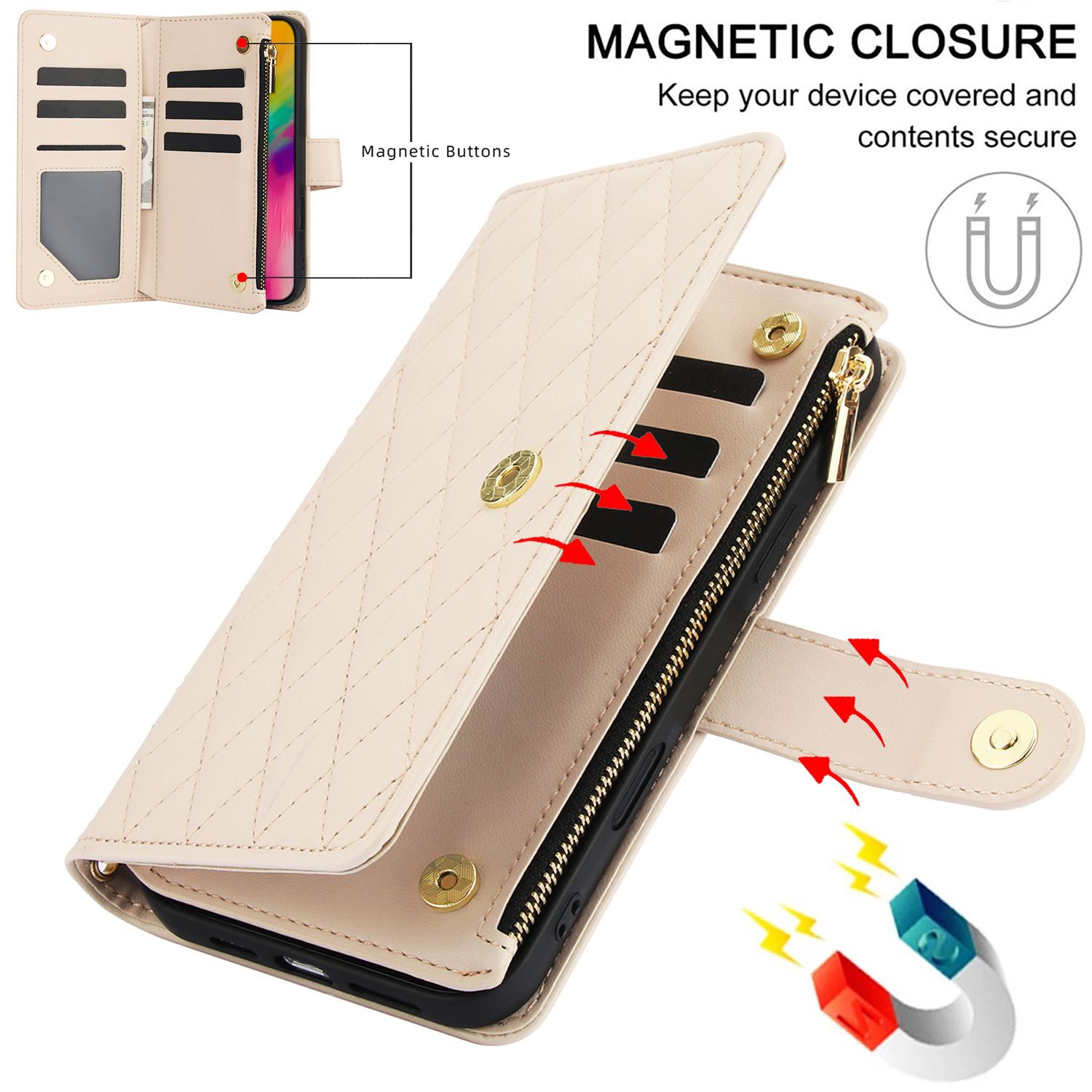 Wallet Case for iPhone 17/ 16e/ 16/ 15/ 14/ 13/ 12/ 11 Pro Max/ XR/ X/ XS/ XS Max/ 16 Plus/ 12 Mini/ 13 Mini/ SE 2020/ SE 2022/ Air 2025, Adjustable Crossbody Zipper Purse Case Card Holder with Kickstand Detachable Wrist Strap, Flip Folio Case