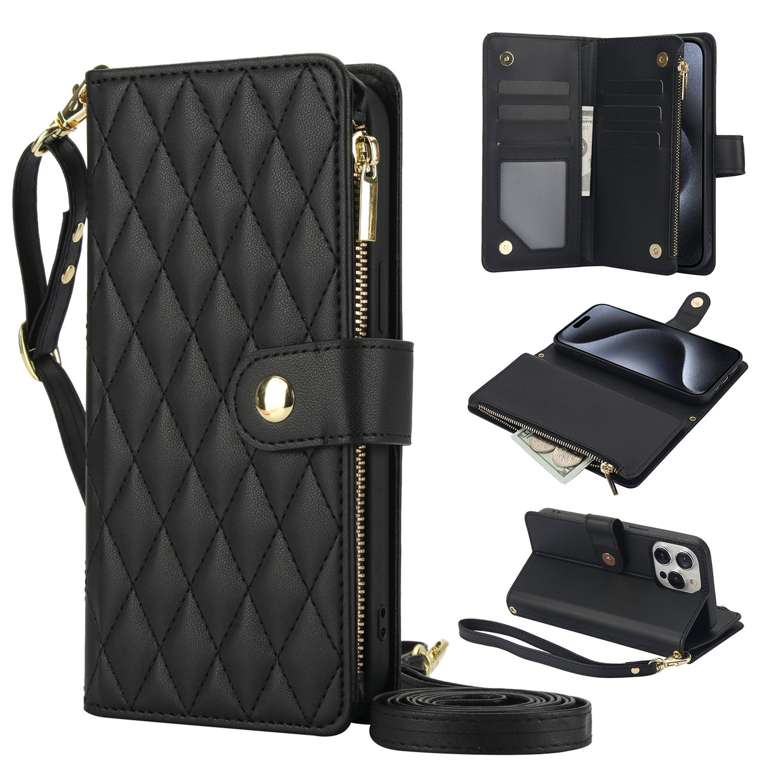 Wallet Case for iPhone 17/ 16e/ 16/ 15/ 14/ 13/ 12/ 11 Pro Max/ XR/ X/ XS/ XS Max/ 16 Plus/ 12 Mini/ 13 Mini/ SE 2020/ SE 2022/ Air 2025, Adjustable Crossbody Zipper Purse Case Card Holder with Kickstand Detachable Wrist Strap, Flip Folio Case - Image 3