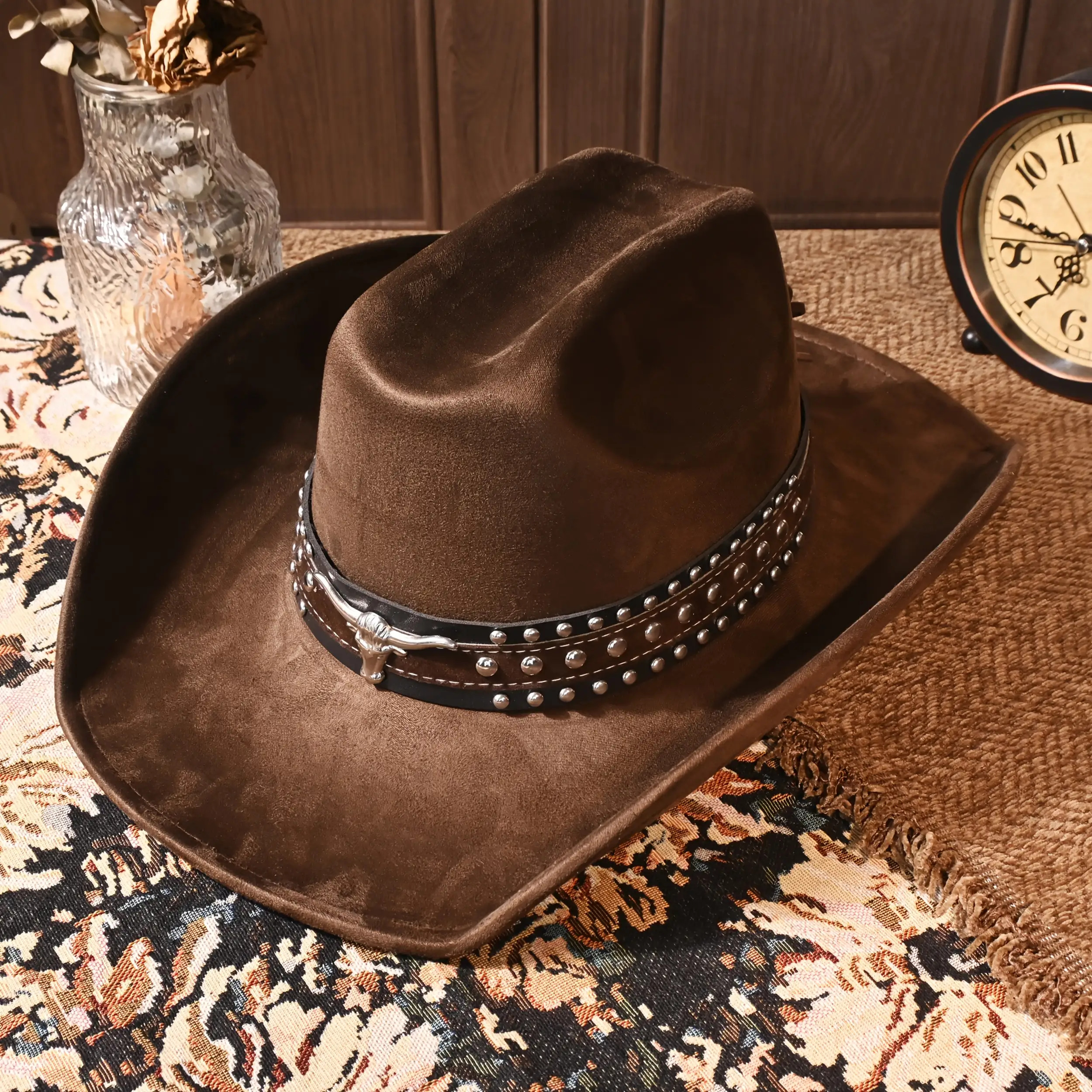 1 Metal Bullhead Studded Two-Tone Leather Belt, Rancher Crease Shaped Cowboy Hat, Faux Suede Material, All-Season Style, Stylish And Fashionable
