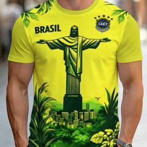 Men'S T-Shirt, Brazil Theme Christ Redeemer Print, Vibrant Yellow And Green, Mixed Colors, Multiple Sizes Available, Stylish Casual Wear for Daily And Travel
