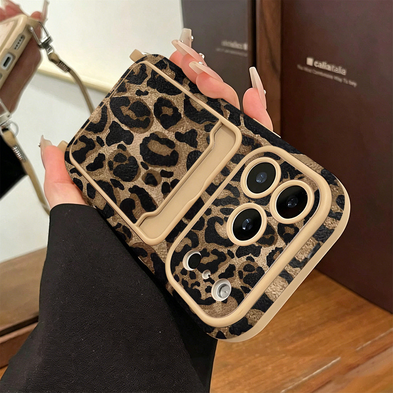 Phone Case: 1 Drop-Proof,, Shockproof, Anti-Fingerprint Card Holder Phone Case with Lanyard Strap, Vintage Leopard Print Card Holder Lanyard for Apple Series Drop-Proof Phone Cases, Matte Frosted TPU Protective Cover, Ultra-Thin and Minimalist