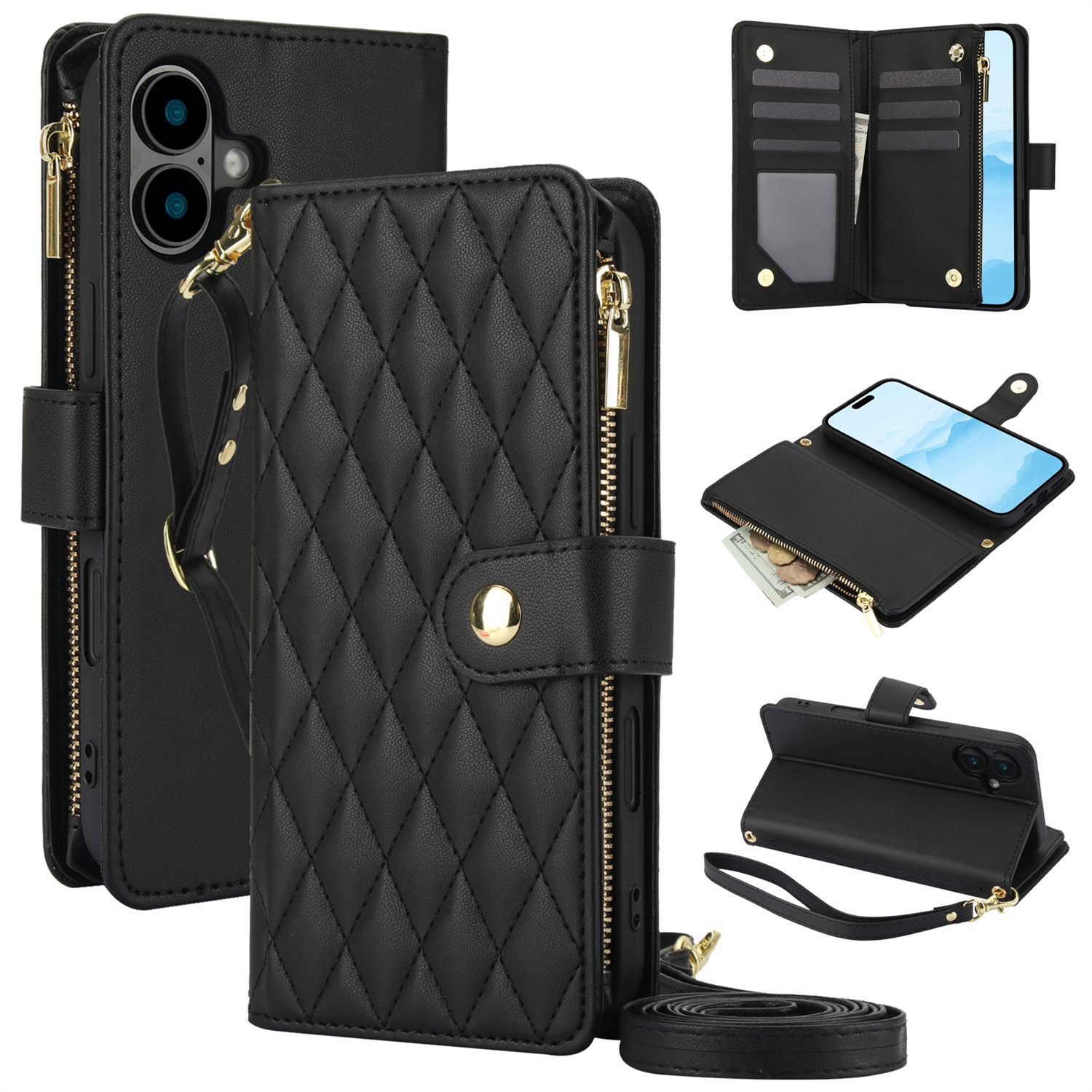 Wallet Case for iPhone 17/ 16e/ 16/ 15/ 14/ 13/ 12/ 11 Pro Max/ XR/ X/ XS/ XS Max/ 16 Plus/ 12 Mini/ 13 Mini/ SE 2020/ SE 2022/ Air 2025, Adjustable Crossbody Zipper Purse Case Card Holder with Kickstand Detachable Wrist Strap, Flip Folio Case - Image 17