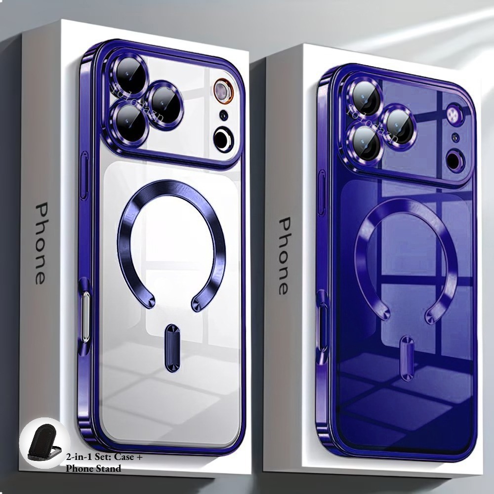 Phone Case - 2-In-1 Set: Case And Phone Stand Luxury Electroplated Transparent Magnetic Wireless Charging Phone Case, Compatible with Iphone 17 16 15 14 13 12 11 Pro Max Plus Air