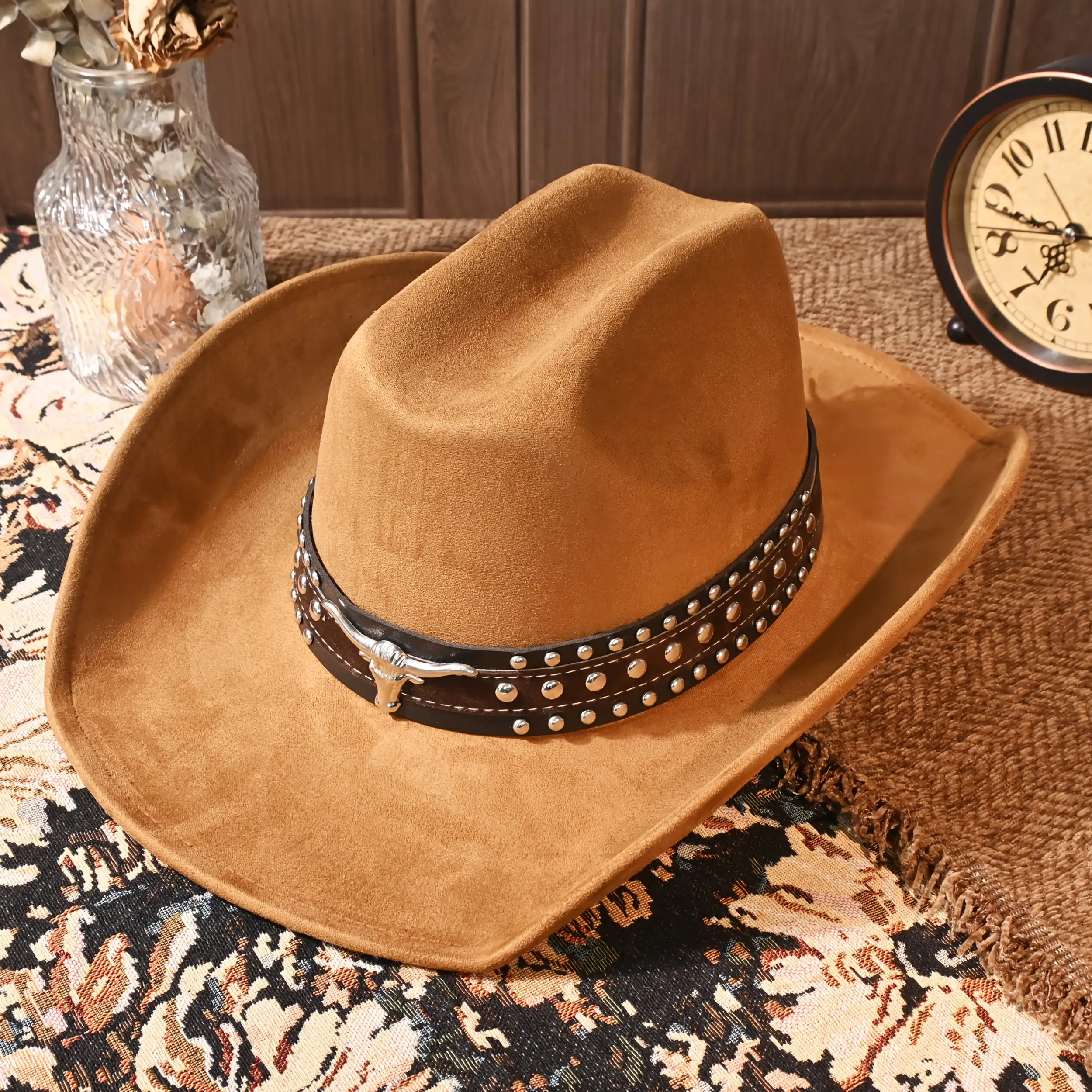 1 Metal Bullhead Studded Two-Tone Leather Belt, Rancher Crease Shaped Cowboy Hat, Faux Suede Material, All-Season Style, Stylish And Fashionable
