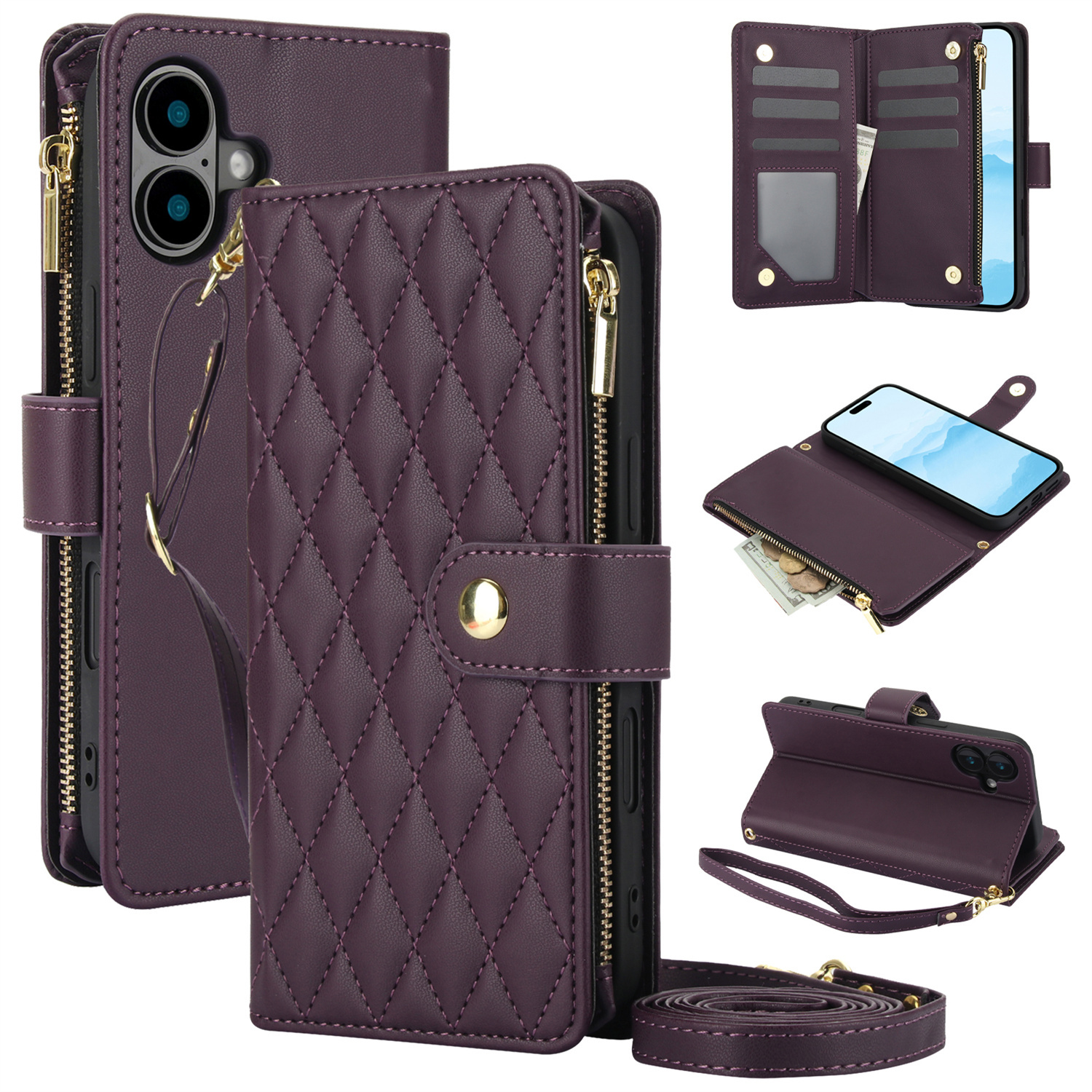 Wallet Case for iPhone 17/ 16e/ 16/ 15/ 14/ 13/ 12/ 11 Pro Max/ XR/ X/ XS/ XS Max/ 16 Plus/ 12 Mini/ 13 Mini/ SE 2020/ SE 2022/ Air 2025, Adjustable Crossbody Zipper Purse Case Card Holder with Kickstand Detachable Wrist Strap, Flip Folio Case - Image 24
