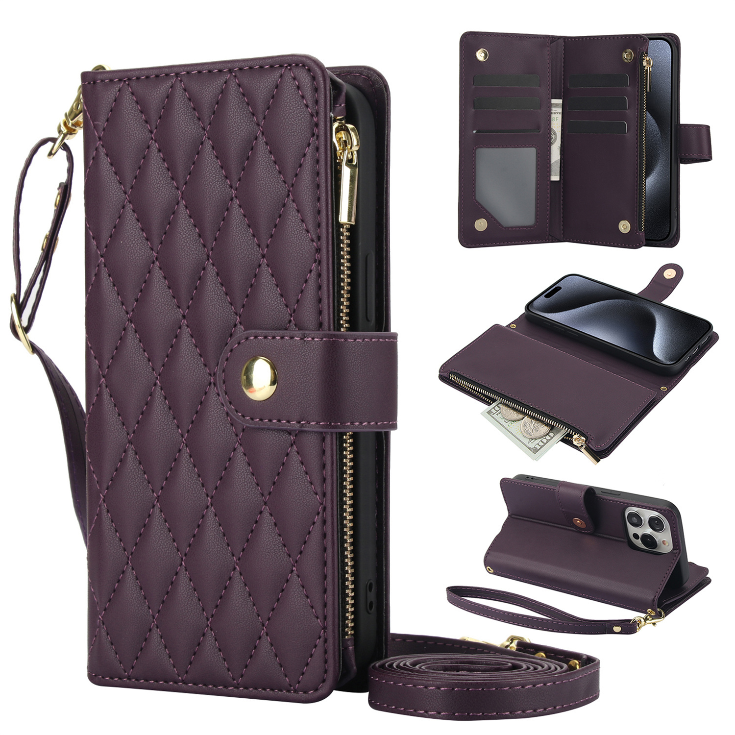 Wallet Case for iPhone 17/ 16e/ 16/ 15/ 14/ 13/ 12/ 11 Pro Max/ XR/ X/ XS/ XS Max/ 16 Plus/ 12 Mini/ 13 Mini/ SE 2020/ SE 2022/ Air 2025, Adjustable Crossbody Zipper Purse Case Card Holder with Kickstand Detachable Wrist Strap, Flip Folio Case - Image 15