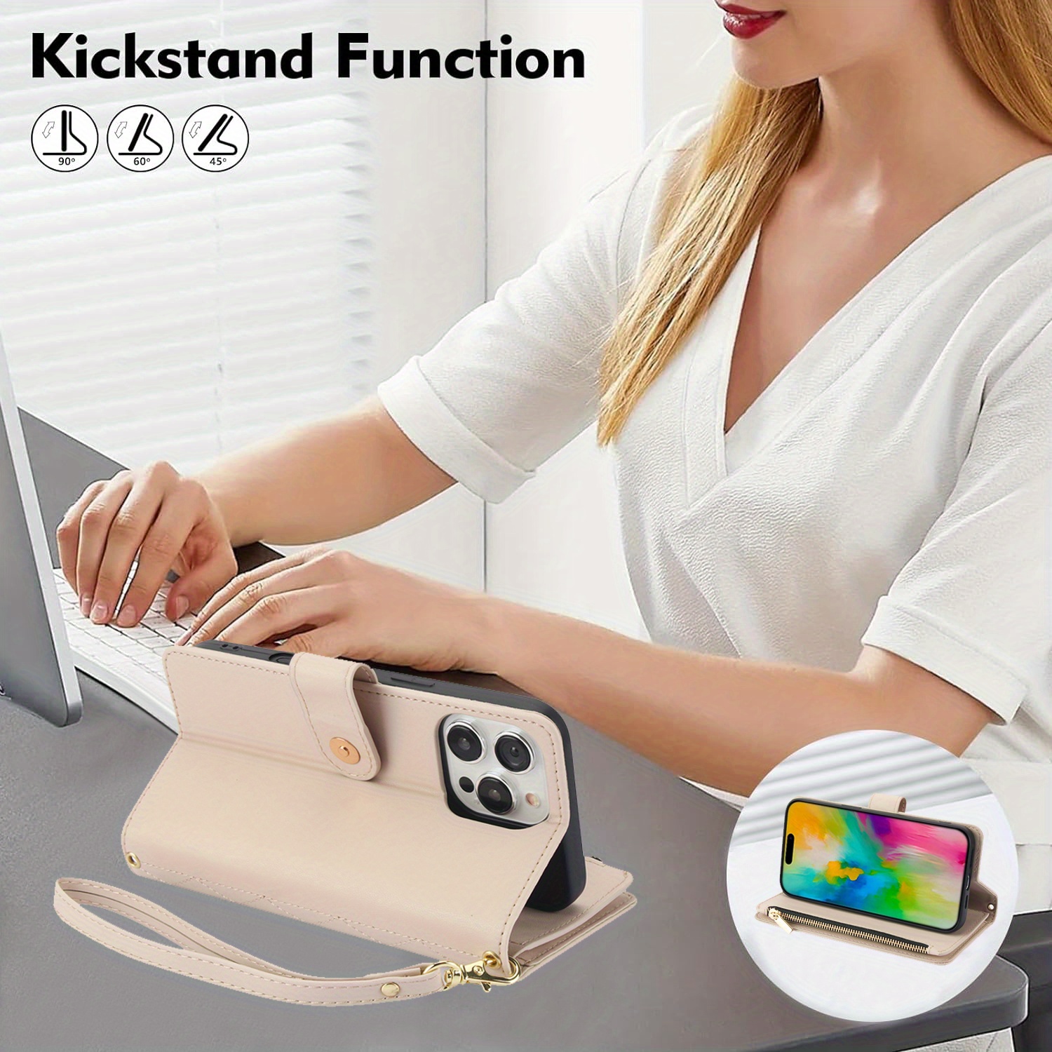 Wallet Case for iPhone 17/ 16e/ 16/ 15/ 14/ 13/ 12/ 11 Pro Max/ XR/ X/ XS/ XS Max/ 16 Plus/ 12 Mini/ 13 Mini/ SE 2020/ SE 2022/ Air 2025, Adjustable Crossbody Zipper Purse Case Card Holder with Kickstand Detachable Wrist Strap, Flip Folio Case