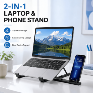 3-in-1 Laptop Tablet Phone Stand, 360° Rotatable Foldable Desktop Holder, Multi-Angle Adjustable Lightweight Portable Stand, Compatible with Smartphones, Tablets & Laptops