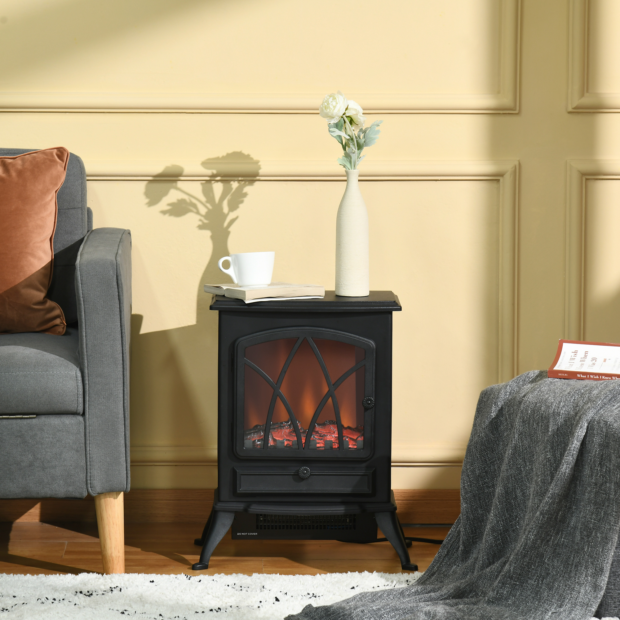 HOMCOM Electric Fireplace Heater Freestanding Fireplace Stove with Adjustable LED Flame Effect and Front Door, 1500W, Black