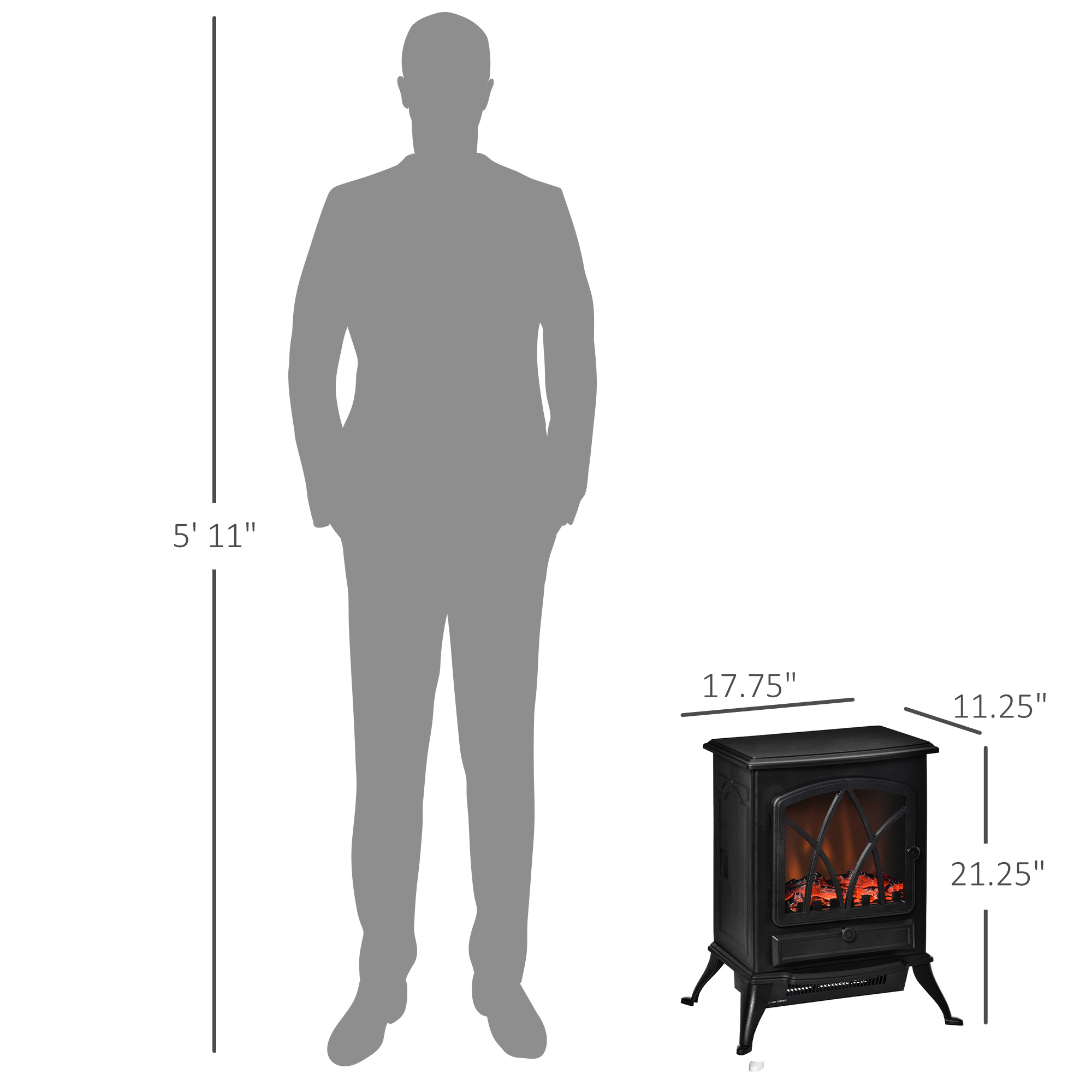 HOMCOM Electric Fireplace Heater Freestanding Fireplace Stove with Adjustable LED Flame Effect and Front Door, 1500W, Black