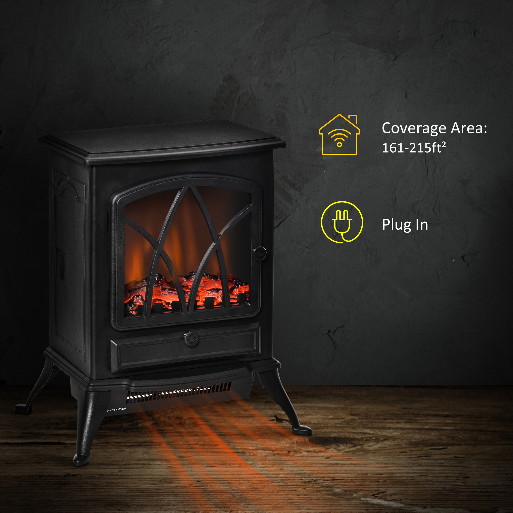 HOMCOM Electric Fireplace Heater Freestanding Fireplace Stove with Adjustable LED Flame Effect and Front Door, 1500W, Black