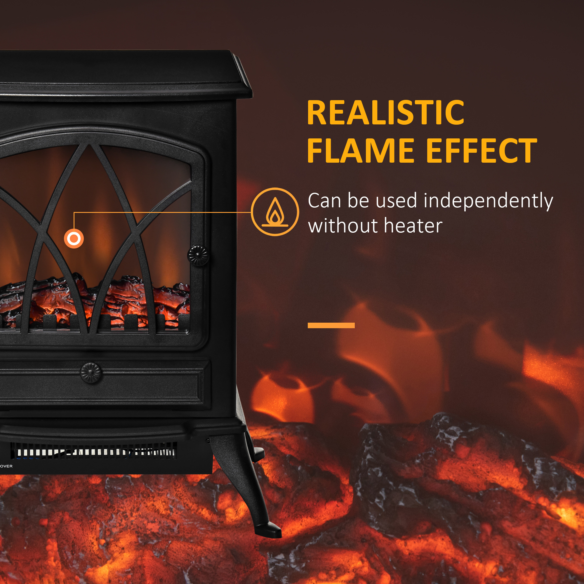 HOMCOM Electric Fireplace Heater Freestanding Fireplace Stove with Adjustable LED Flame Effect and Front Door, 1500W, Black
