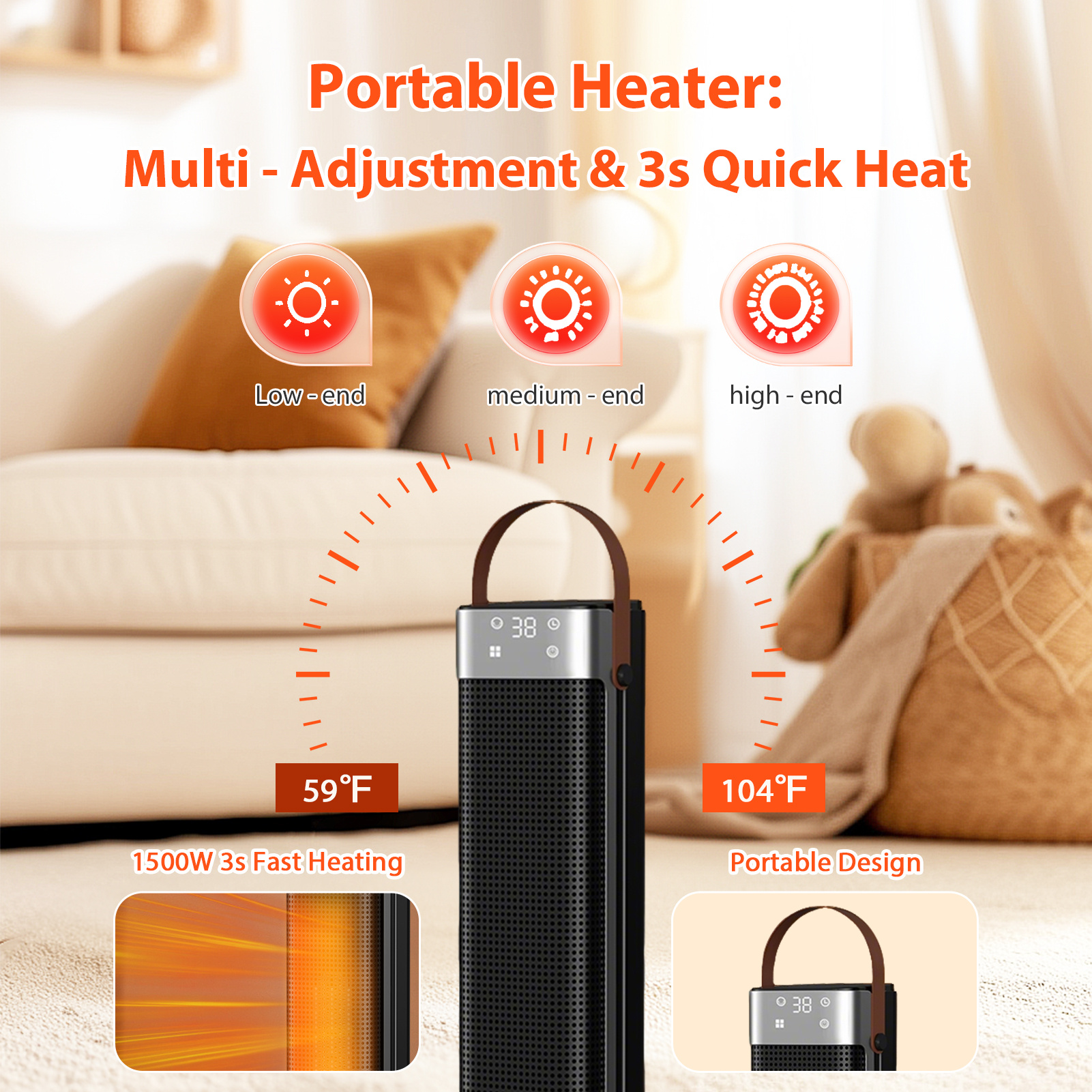 Yivke 1500W PTC Ceramic Space Heater with 3-Second Fast Heat & 36dB Ultra-Quiet - Whole Room Heater for Up to 150 Sq.Ft, 12H Timer, 3 Modes, Overheat & Tip-Over Protection, Portable for Office, Bedroom, Living Room