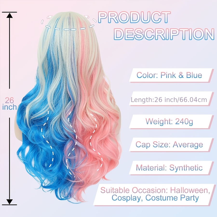 Pink And Blue Wigs for Women Middle Part Medium Length Short Curly Wavy Wigs, Synthetic Hair Women'S Wigs for Daily Party/Halloween Use (Pink And Blue) - Image 3
