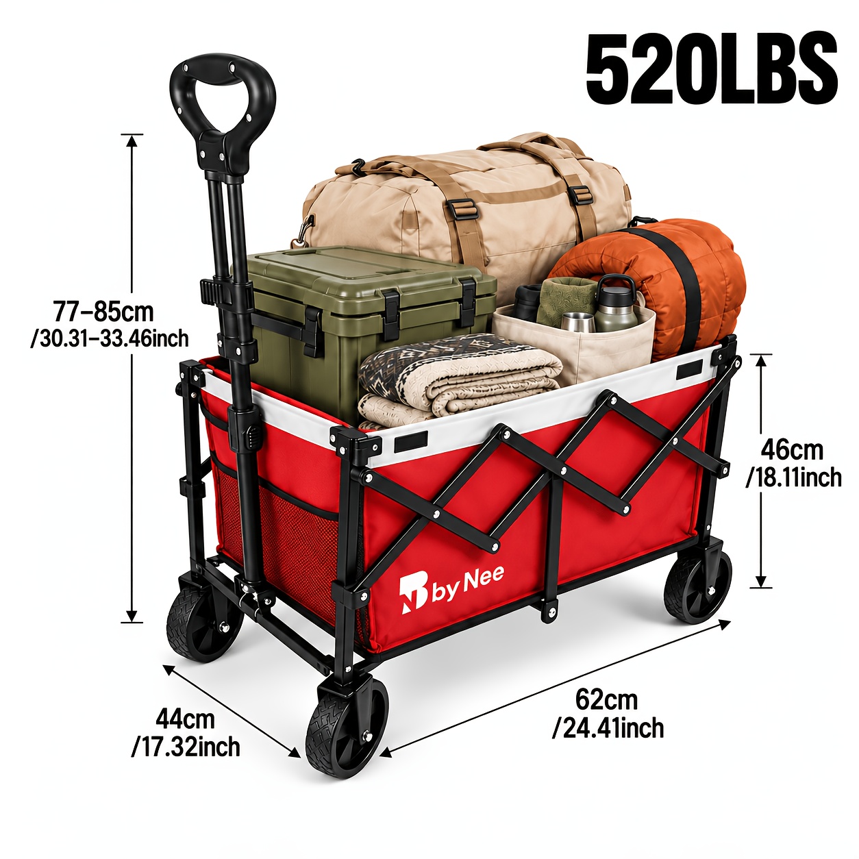 All-Terrain Wide-Wheel Folding Utility Wagon, Heavy-Duty Reinforced Steel Frame Large-Capacity Collapsible Pull Cart with Adjustable Handle And Dual Cup Holders, Portable Storage Wagon for Gardening, Grocery Shopping, Camping, Picnics & Outdoor Gear - Image 3