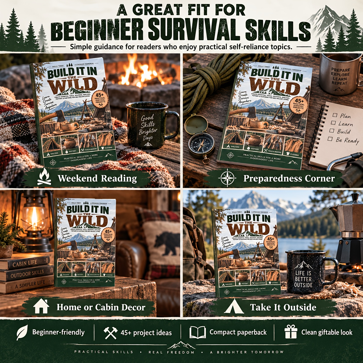 Outdoor Survival Tools Weapons Shelter Building Guide Survival Manual Zero-Base Beginner 45+ Practical Items Outdoor Book Pottery Clothing Making Self-Sufficiency Life Skills Family Essential Tool Book (Color Printing)