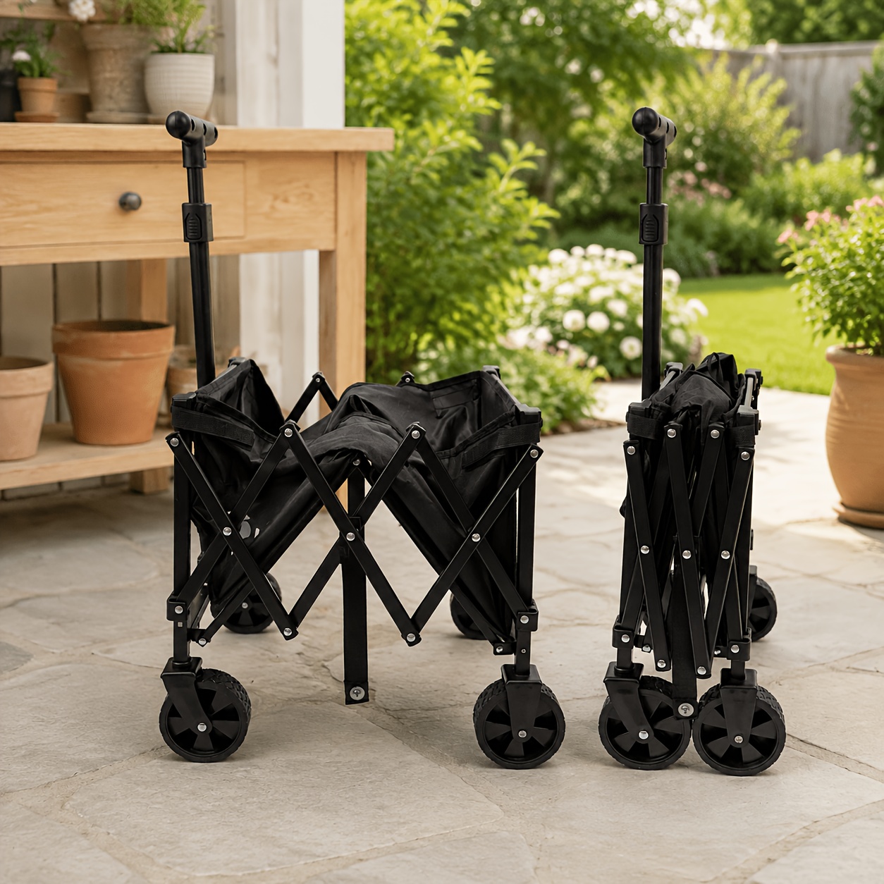 All-Terrain Wide-Wheel Folding Utility Wagon, Heavy-Duty Reinforced Steel Frame Large-Capacity Collapsible Pull Cart with Adjustable Handle And Dual Cup Holders, Portable Storage Wagon for Gardening, Grocery Shopping, Camping, Picnics & Outdoor Gear