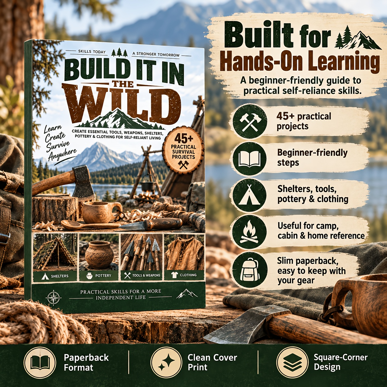 Outdoor Survival Tools Weapons Shelter Building Guide Survival Manual Zero-Base Beginner 45+ Practical Items Outdoor Book Pottery Clothing Making Self-Sufficiency Life Skills Family Essential Tool Book (Color Printing)