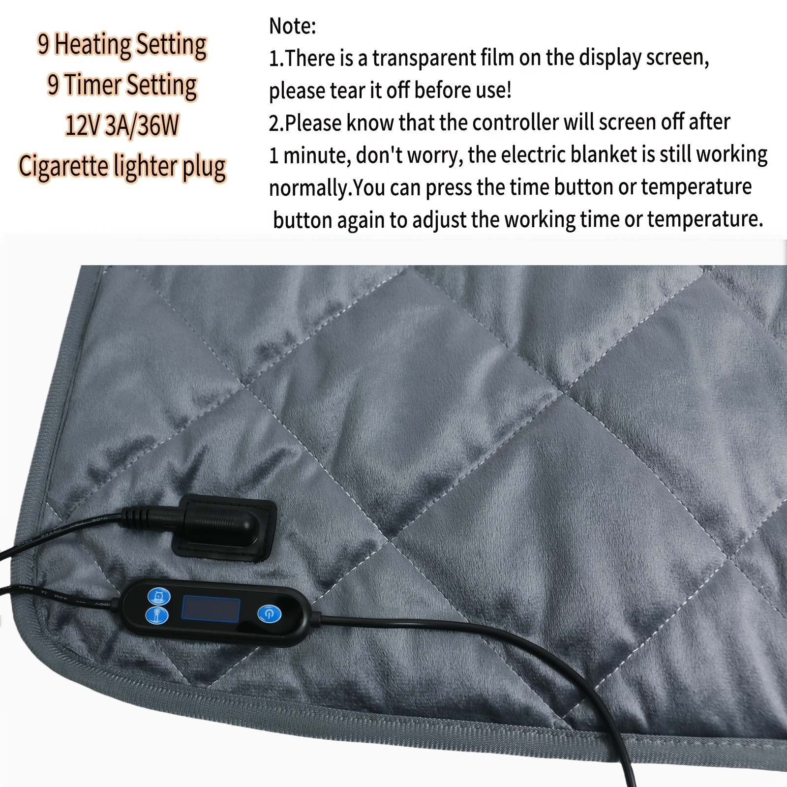 12V Electric Heating Blanket, Soft Crystal Velvet Material, Anti-Slip Back, 9 Heat Settings & 9 Timer Levels, Machine Washable, for Cold Weather Camping & Travel, Without Battery