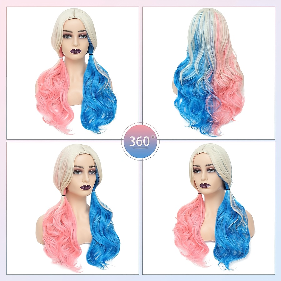 Pink And Blue Wigs for Women Middle Part Medium Length Short Curly Wavy Wigs, Synthetic Hair Women'S Wigs for Daily Party/Halloween Use (Pink And Blue) - Image 2
