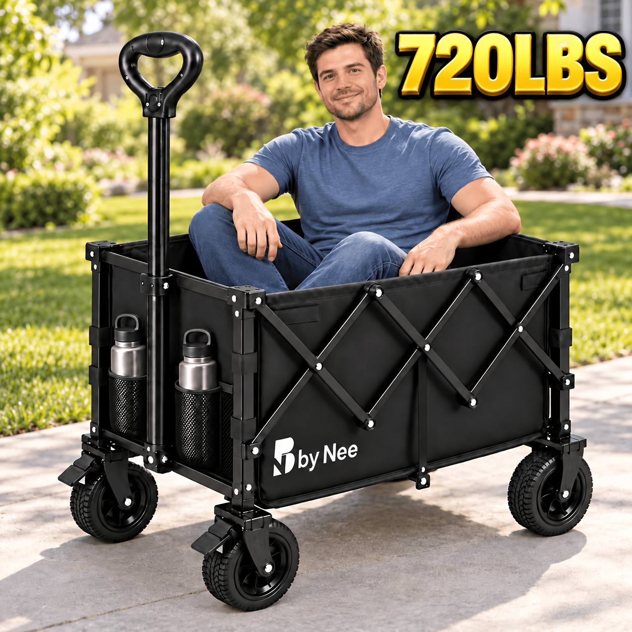 All-Terrain Wide-Wheel Folding Utility Wagon, Heavy-Duty Reinforced Steel Frame Large-Capacity Collapsible Pull Cart with Adjustable Handle And Dual Cup Holders, Portable Storage Wagon for Gardening, Grocery Shopping, Camping, Picnics & Outdoor Gear - Image 4