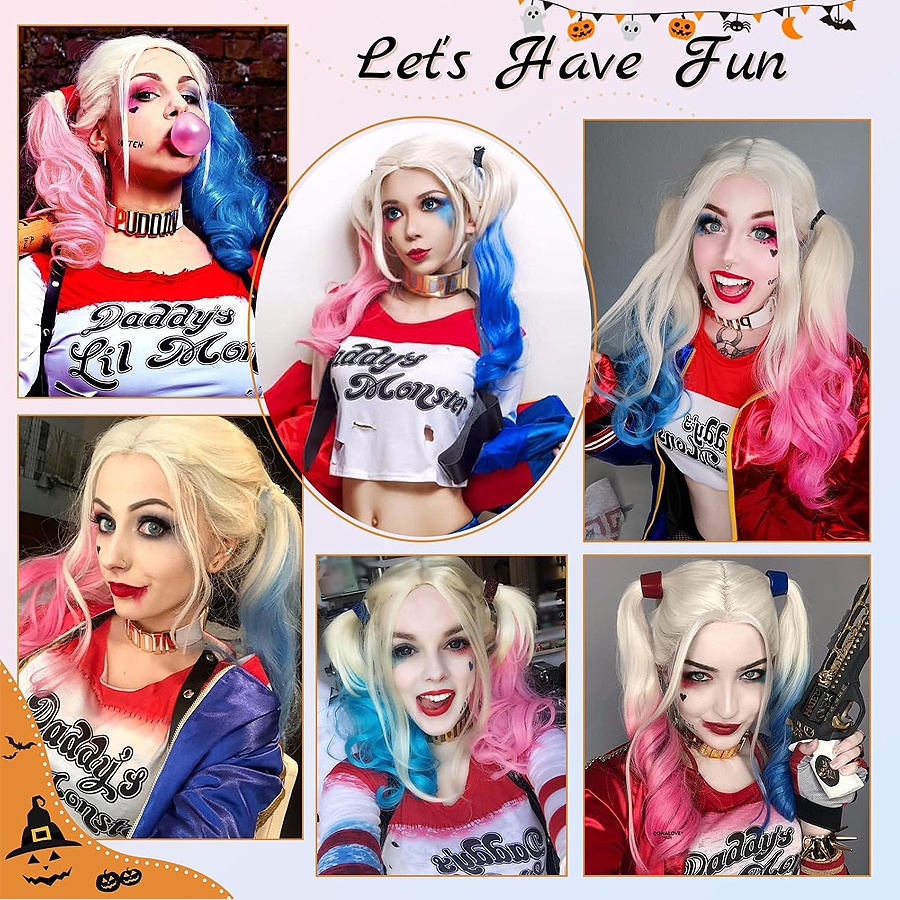 Pink And Blue Wigs for Women Middle Part Medium Length Short Curly Wavy Wigs, Synthetic Hair Women'S Wigs for Daily Party/Halloween Use (Pink And Blue)