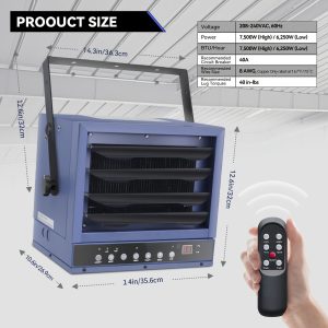 240V 7500W Electric Garage Heater - Ceiling Mount with Remote Control | Hardwired Shop Heater, 12H Timer, Overheat Protection