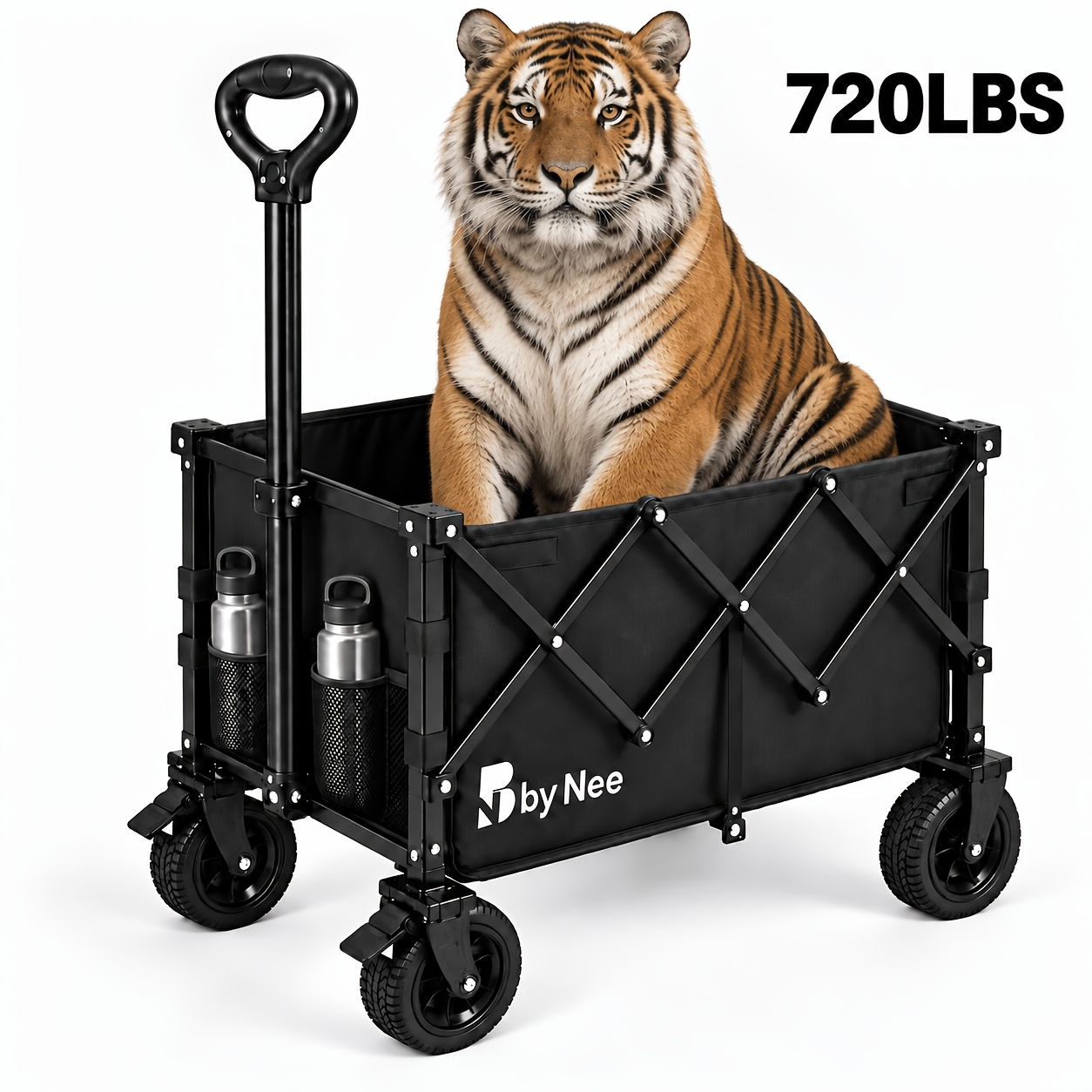 All-Terrain Wide-Wheel Folding Utility Wagon, Heavy-Duty Reinforced Steel Frame Large-Capacity Collapsible Pull Cart with Adjustable Handle And Dual Cup Holders, Portable Storage Wagon for Gardening, Grocery Shopping, Camping, Picnics & Outdoor Gear