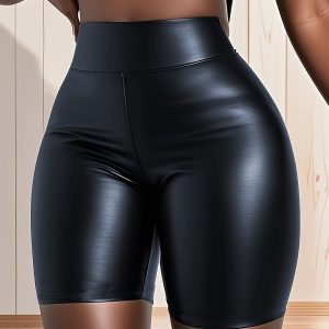 Women Sporty Casual Shorts High-Waisted Shaping Black Glossy Women's Slim Fit Elastic PU Bodycon Shorts Nightclub Women's Sport Dance Shorts