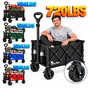 All-Terrain Wide-Wheel Folding Utility Wagon, Heavy-Duty Reinforced Steel Frame Large-Capacity Collapsible Pull Cart with Adjustable Handle And Dual Cup Holders, Portable Storage Wagon for Gardening, Grocery Shopping, Camping, Picnics & Outdoor Gear