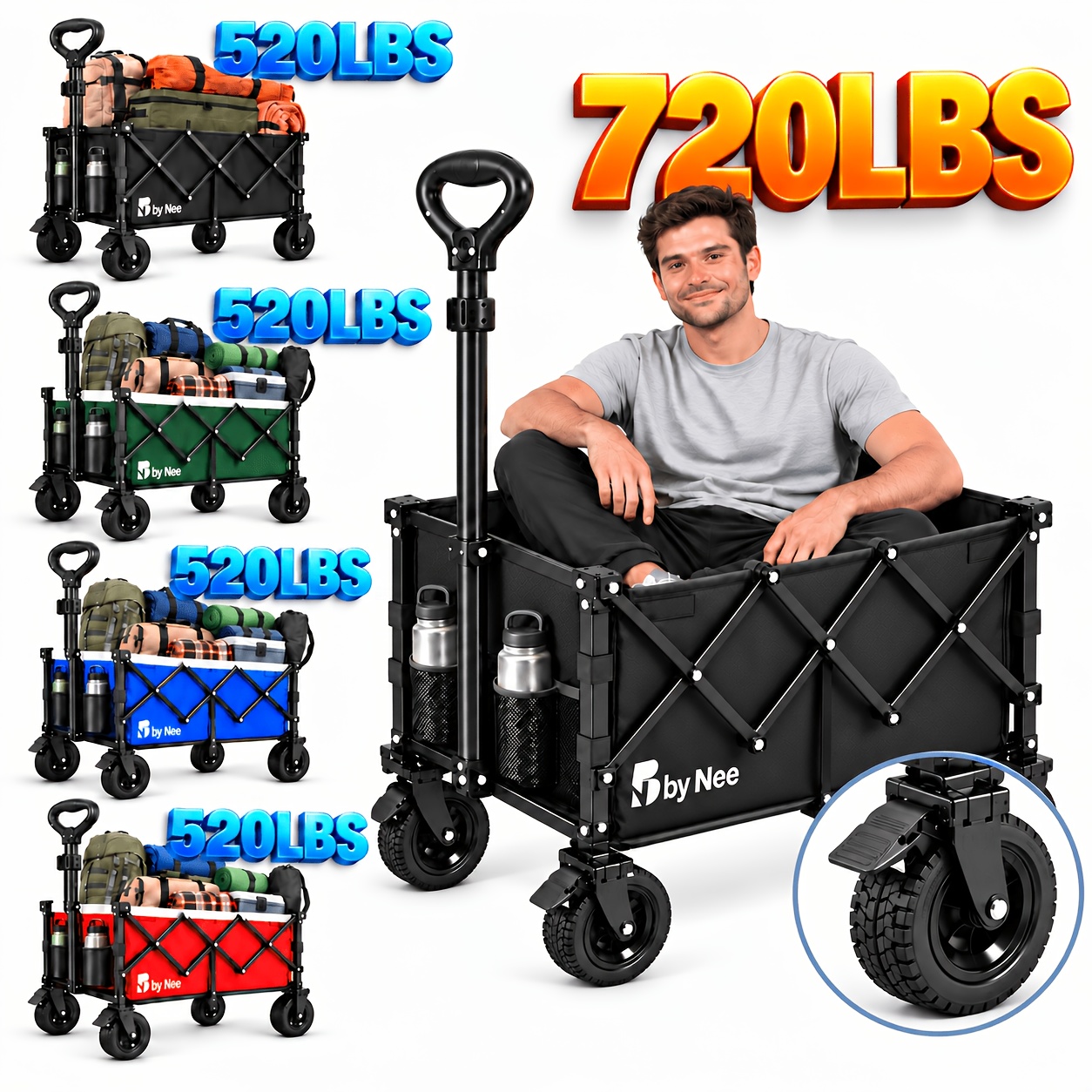 All-Terrain Wide-Wheel Folding Utility Wagon, Heavy-Duty Reinforced Steel Frame Large-Capacity Collapsible Pull Cart with Adjustable Handle And Dual Cup Holders, Portable Storage Wagon for Gardening, Grocery Shopping, Camping, Picnics & Outdoor Gear