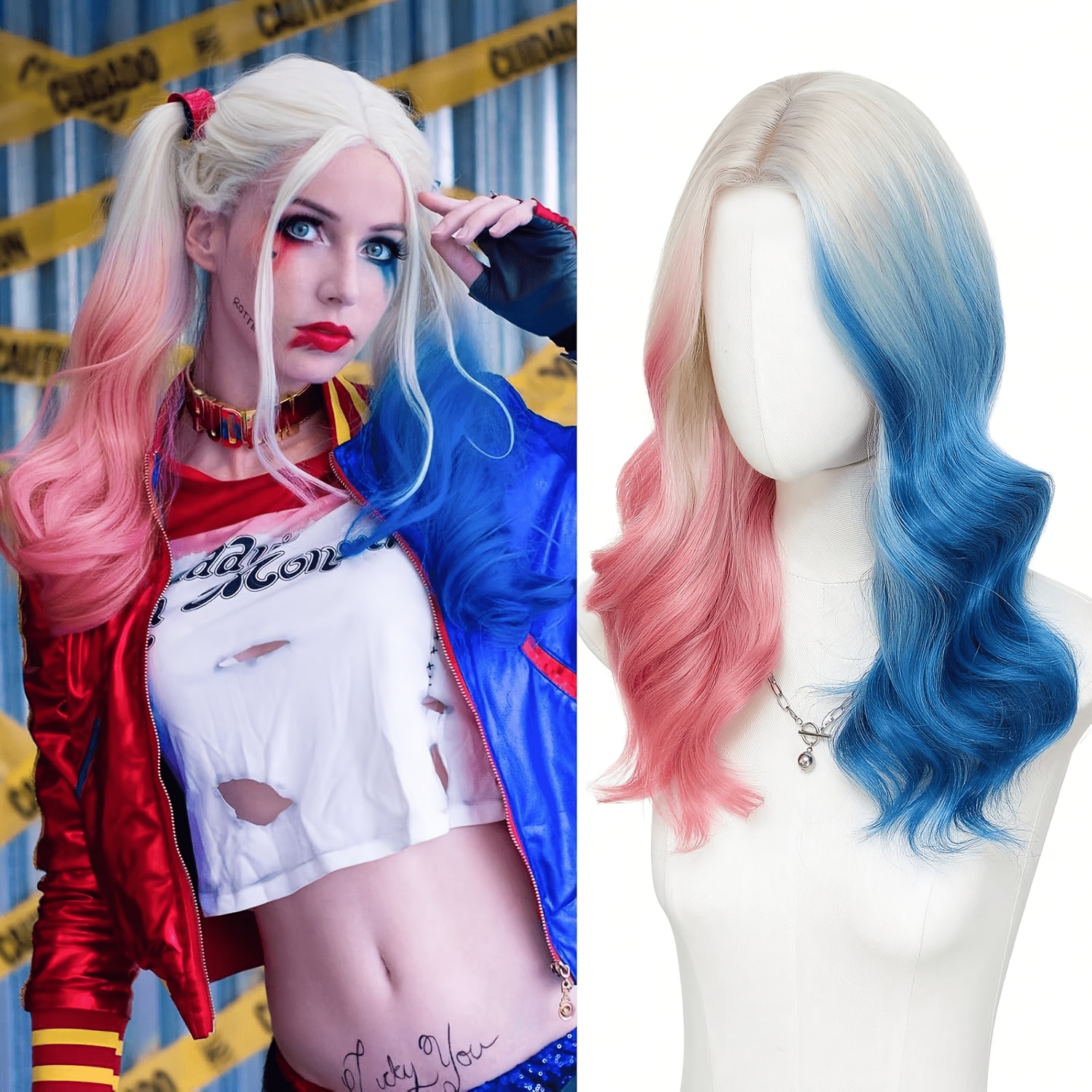 Pink And Blue Wigs for Women Middle Part Medium Length Short Curly Wavy Wigs, Synthetic Hair Women'S Wigs for Daily Party/Halloween Use (Pink And Blue)