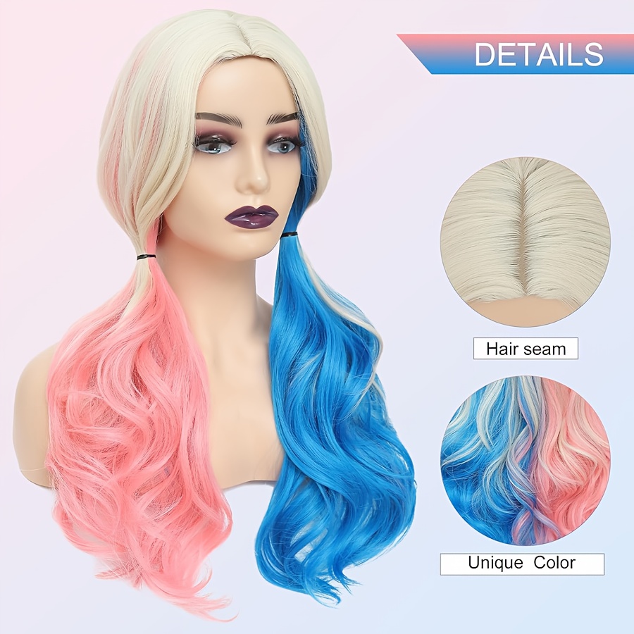Pink And Blue Wigs for Women Middle Part Medium Length Short Curly Wavy Wigs, Synthetic Hair Women'S Wigs for Daily Party/Halloween Use (Pink And Blue) - Image 5