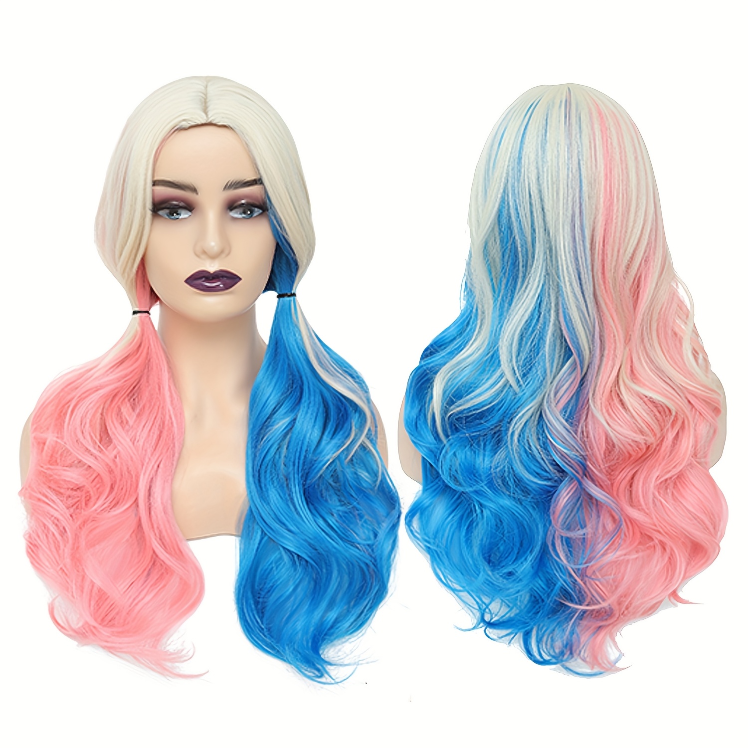 Pink And Blue Wigs for Women Middle Part Medium Length Short Curly Wavy Wigs, Synthetic Hair Women'S Wigs for Daily Party/Halloween Use (Pink And Blue) - Image 6